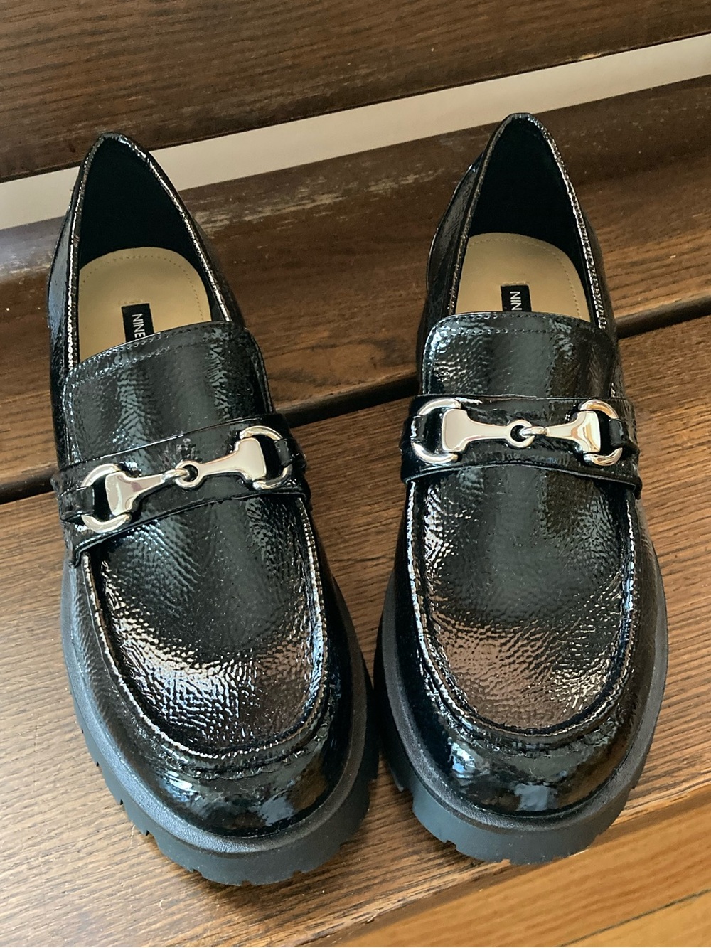 Nine West Black Patent Lug Sole Loafers Silver Horsebit 10M NEW